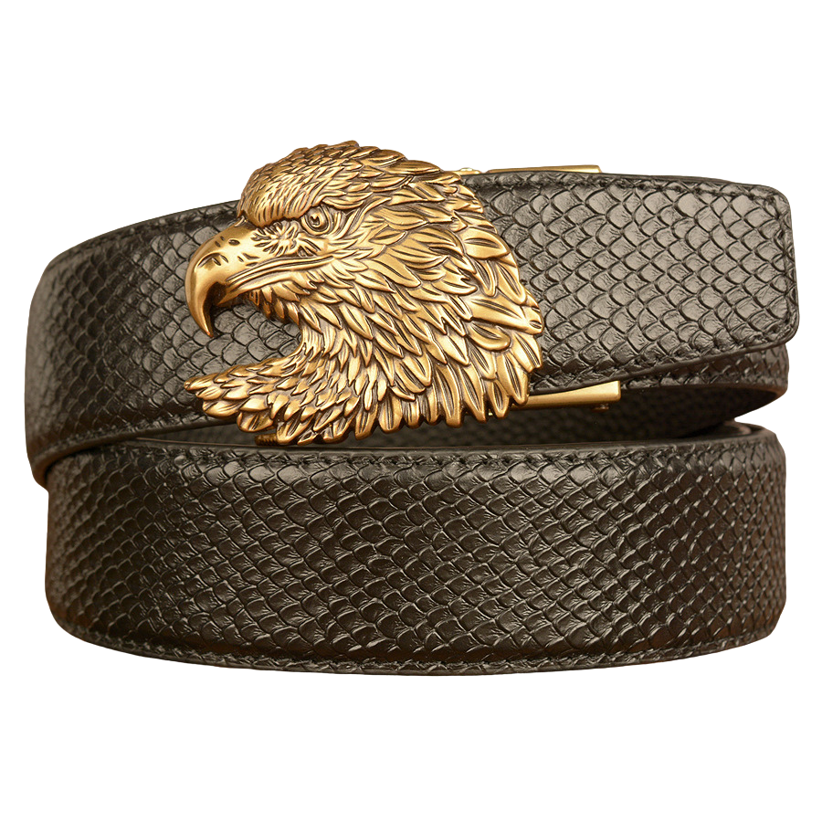 Ceinture homme Crocoborn 3 en cuir noir texturé avec boucle tête d'aigle dorée sculptée #fullwidth