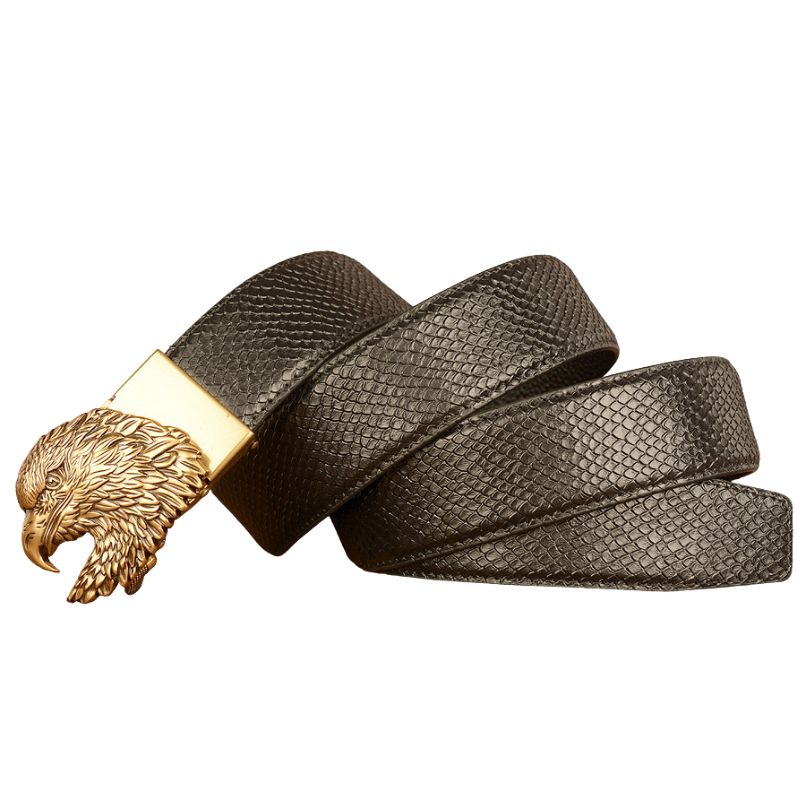 Ceinture pour homme Crocoborn 3 en cuir noir texturé avec boucle automatique tête d'aigle dorée
