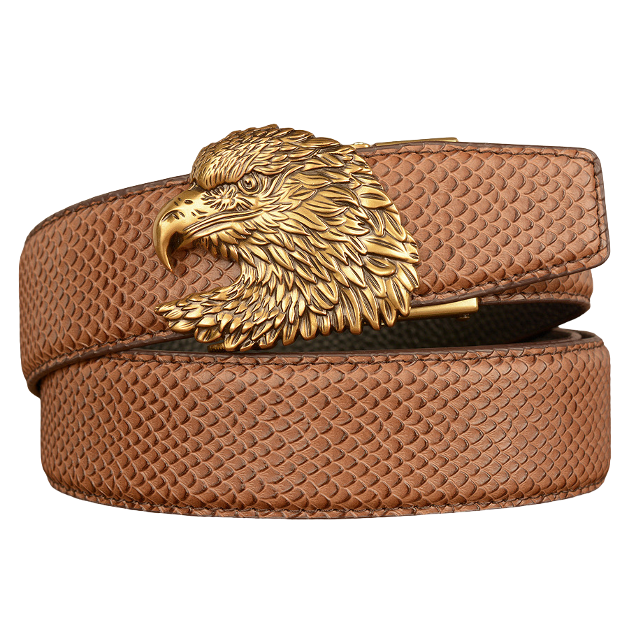 Ceinture pour homme Crocoborn 3 en cuir marron avec boucle automatique tête d'aigle dorée et finition peau de serpent #fullwidth