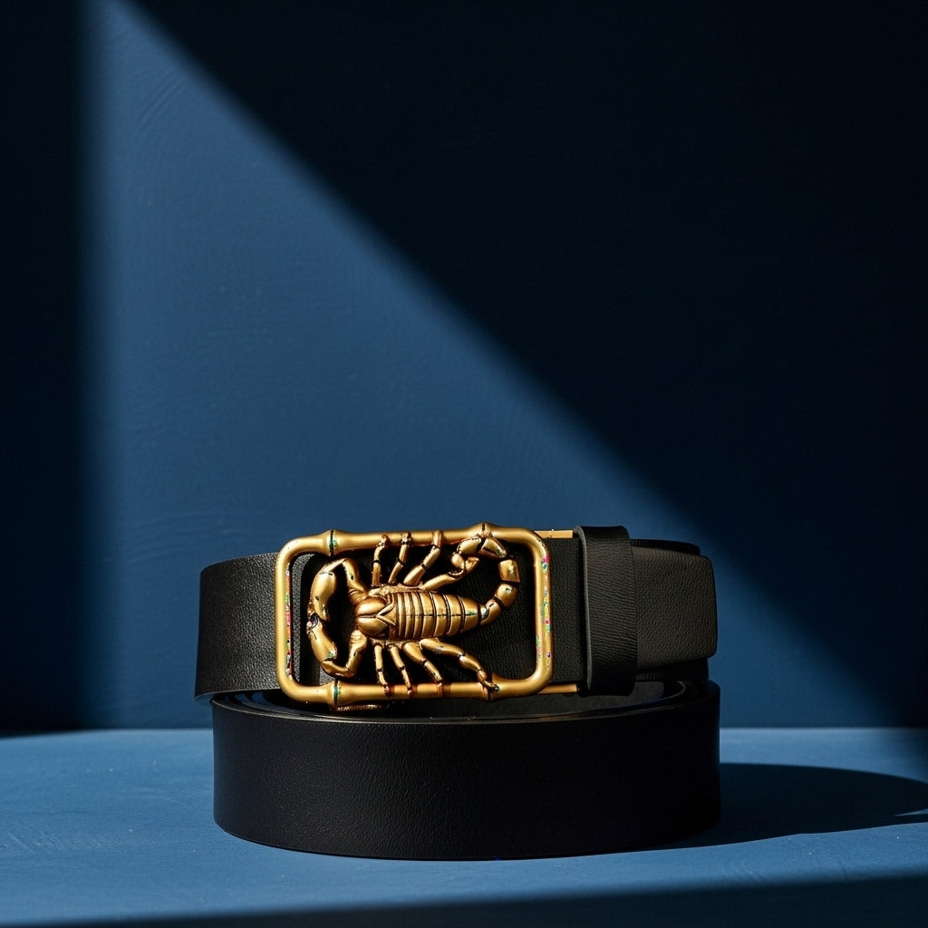 Ceinture noire pour homme Cyprien avec une boucle rectangulaire dorée ornée d'un scorpion en relief et d'un motif bambou stylisé. #fullwidth