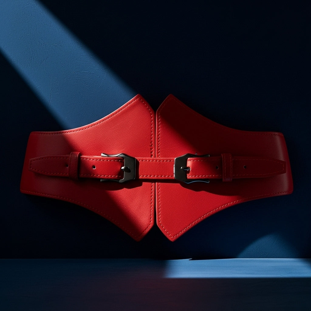 Ceinture femme Dahlia rouge en simili cuir lisse avec double boucle ardillon noire et dos élastique #fullwidth