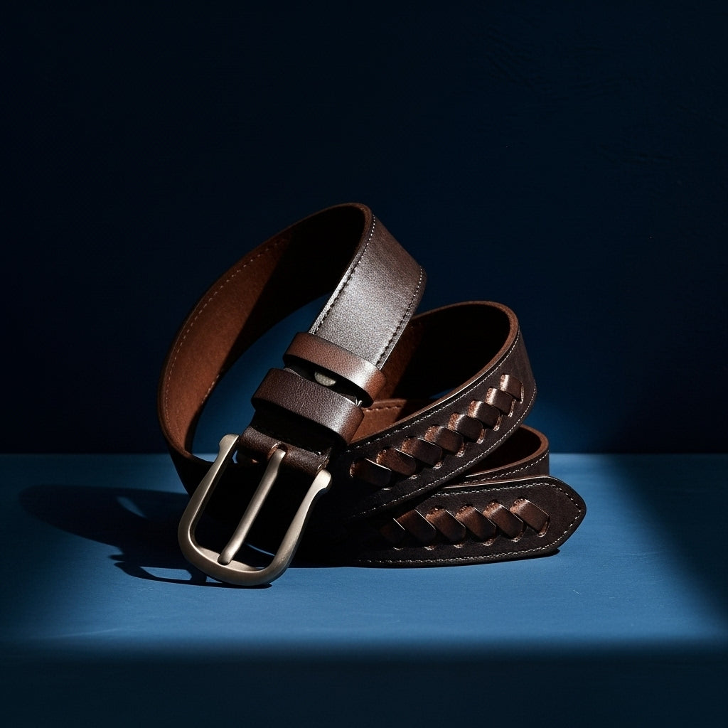 Ceinture Damien en cuir marron foncé, tressage artisanal vintage, boucle ardillon argentée arrondie, sur fond bleu. #fullwidth
