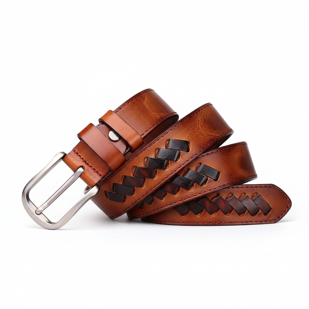 Ceinture homme Damien marron en cuir pleine fleur italien tressé artisanalement avec boucle ardillon argentée arrondie.