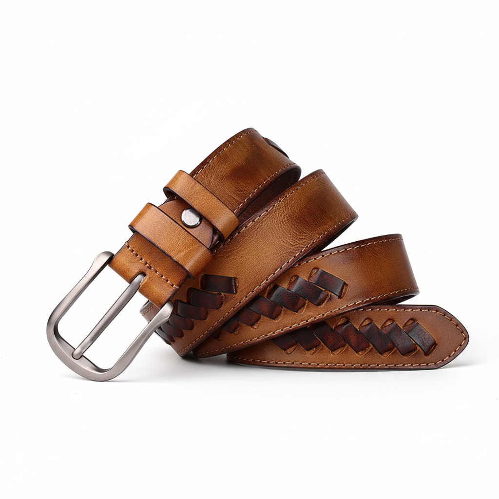 Ceinture en cuir pleine fleur italien tressé artisanalement, couleur camel, avec boucle ardillon argentée arrondie, style vintage