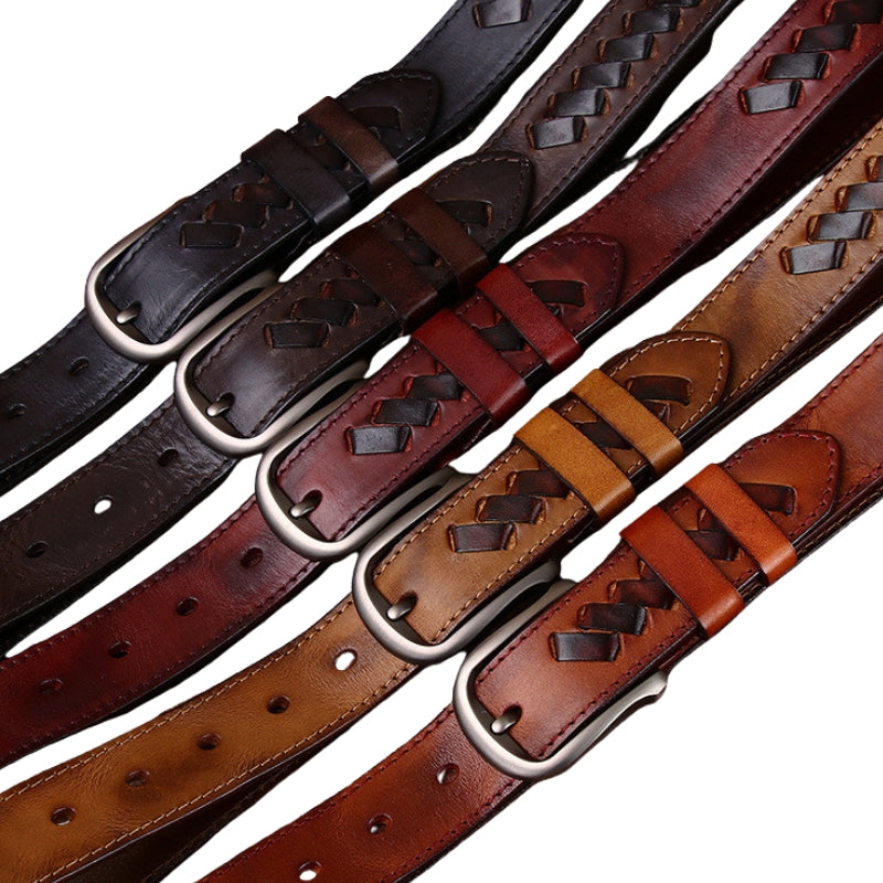Ceintures Damien en cuir pleine fleur italien tressé, disponibles en plusieurs couleurs rétro avec boucle ardillon argentée arrondie.