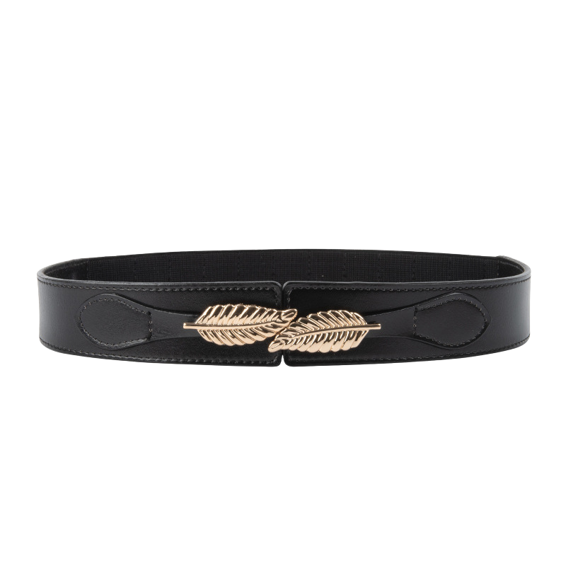 Ceinture Daphné noire pour femme avec une boucle dorée en forme de feuilles entrelacées, dotée d'un système élastique ajustable.