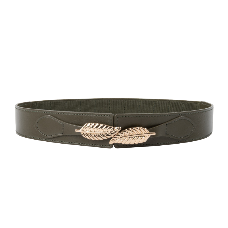 Ceinture Daphné verte en cuir avec boucle feuille dorée, finition lisse et brillante, élastique ajustable sans trous.