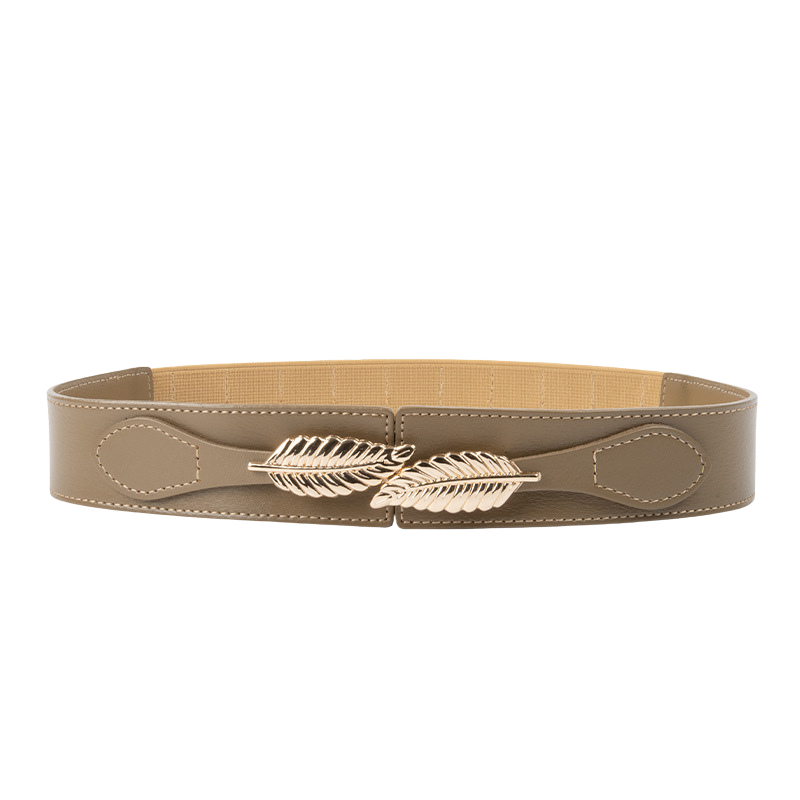 Ceinture Daphné marron clair avec boucle dorée en forme de feuilles entrelacées et système élastique ajustable.