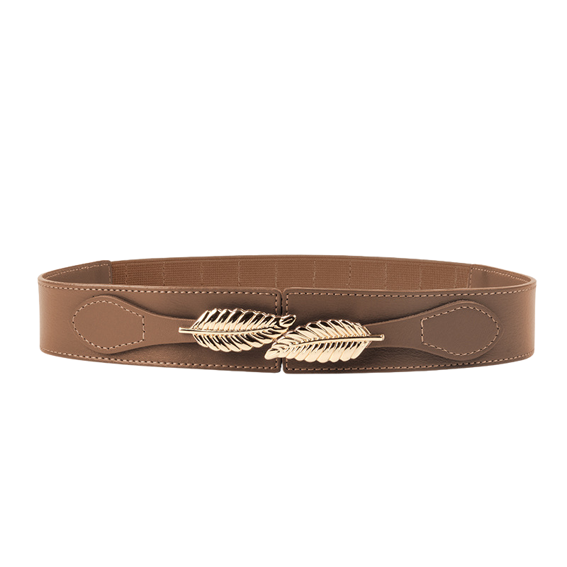 Ceinture Daphné marron avec boucle feuille dorée et bande élastique ajustable.