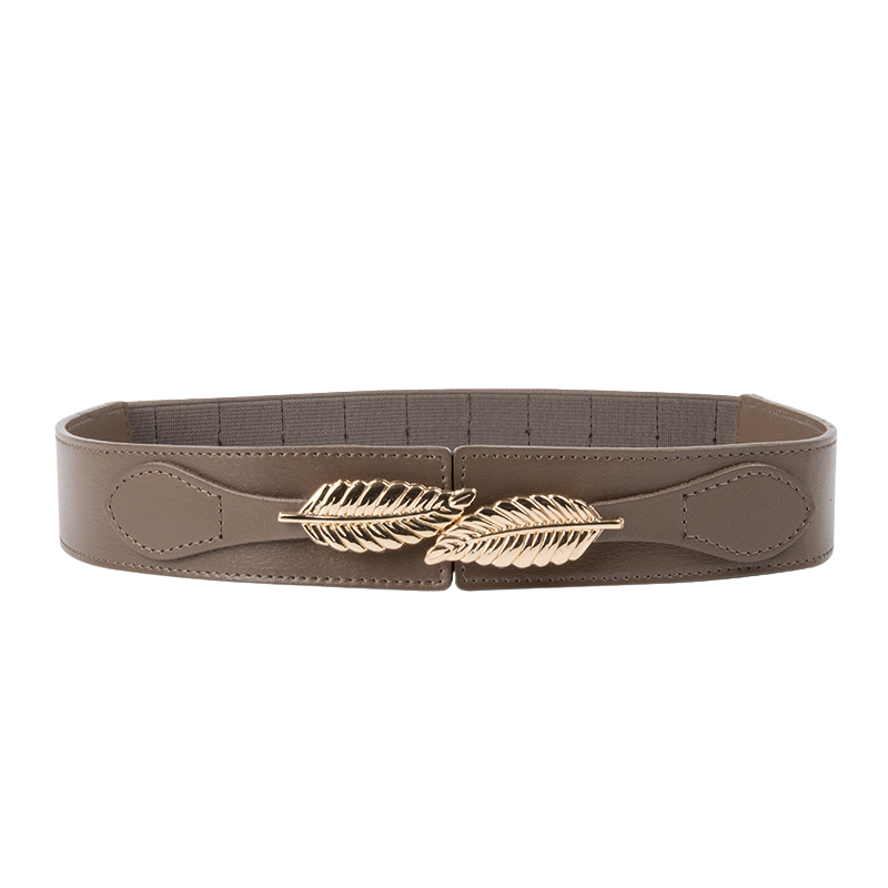 Ceinture Daphné en cuir gris avec boucle dorée en forme de feuilles, ornement féminin et élégant.