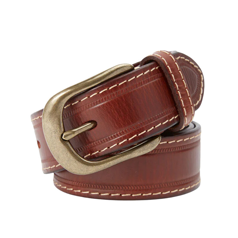 Ceinture homme Daumier en cuir marron clair pleine fleur avec boucle ardillon dorée vieillie et surpiqûres contrastées