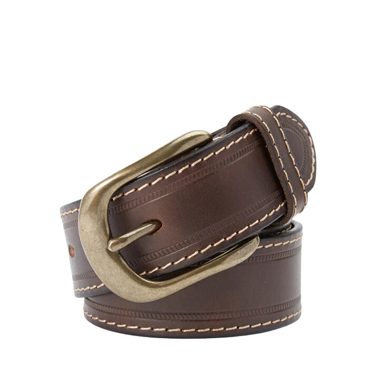 Ceinture homme Daumier en cuir marron avec boucle ardillon vieillie et surpiqûres contrastées