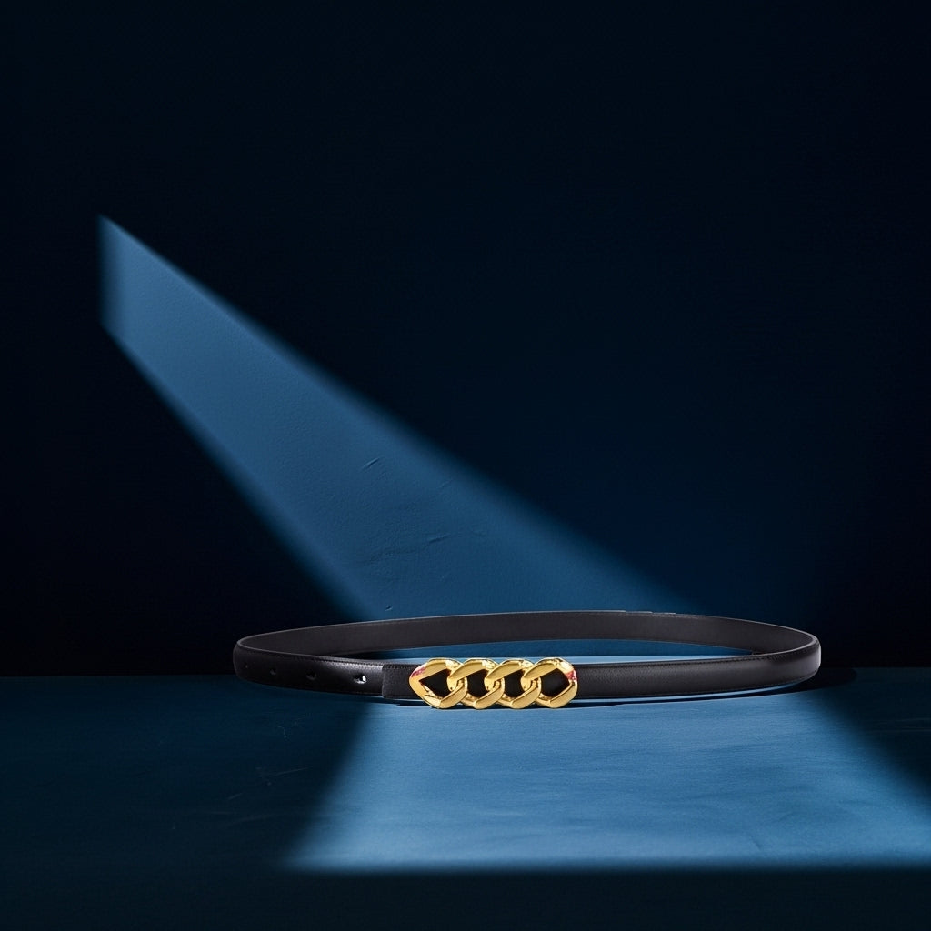 Ceinture fine Delia en cuir noir avec une boucle dorée en forme de chaîne, présentée sur un fond bleu nuit avec un éclairage dramatique #fullwidth