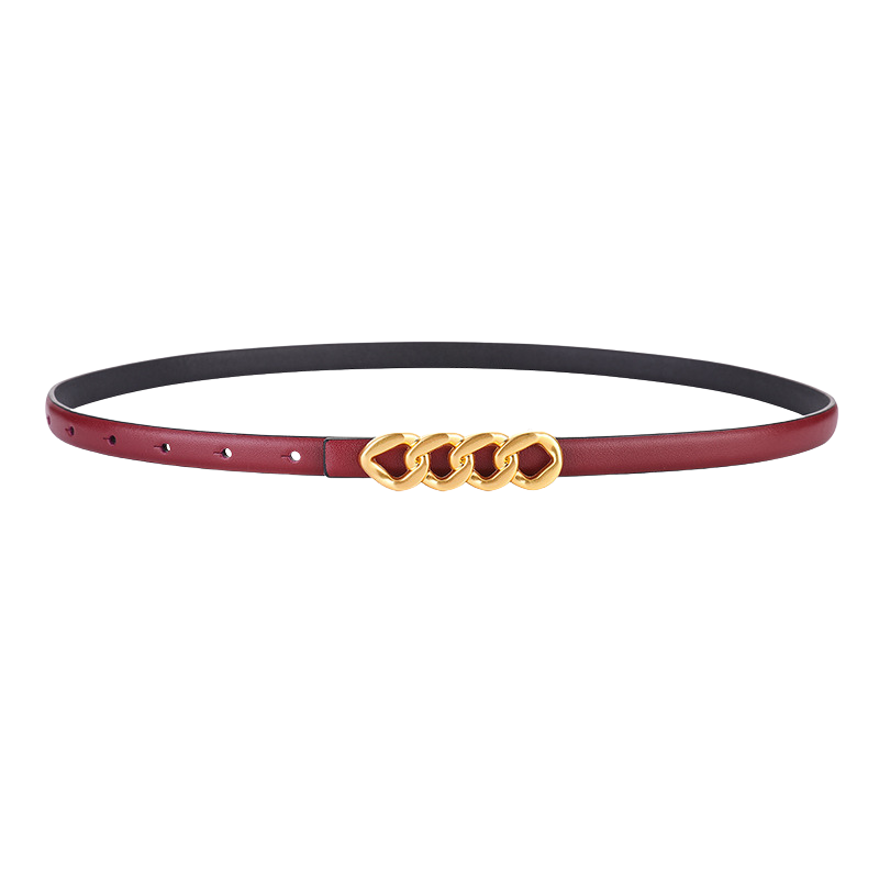 Ceinture fine pour femme Delia en cuir bordeaux avec boucle dorée à maillons en chaîne.