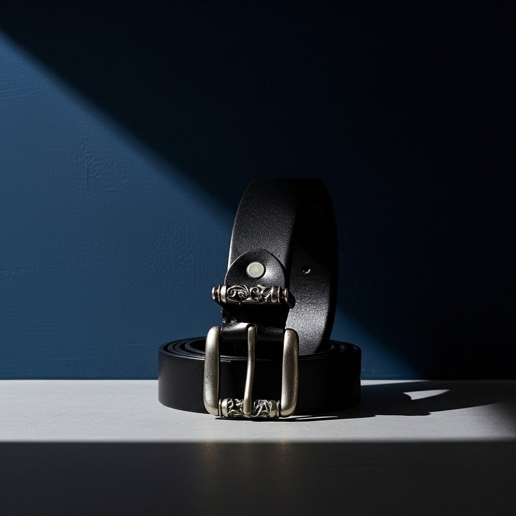 Ceinture homme Denis en cuir de vachette pleine fleur noir, aspect lisse, avec boucle ardillon argentée décorée au design vintage et élégant. Largeur 3.3 cm. #fullwidth