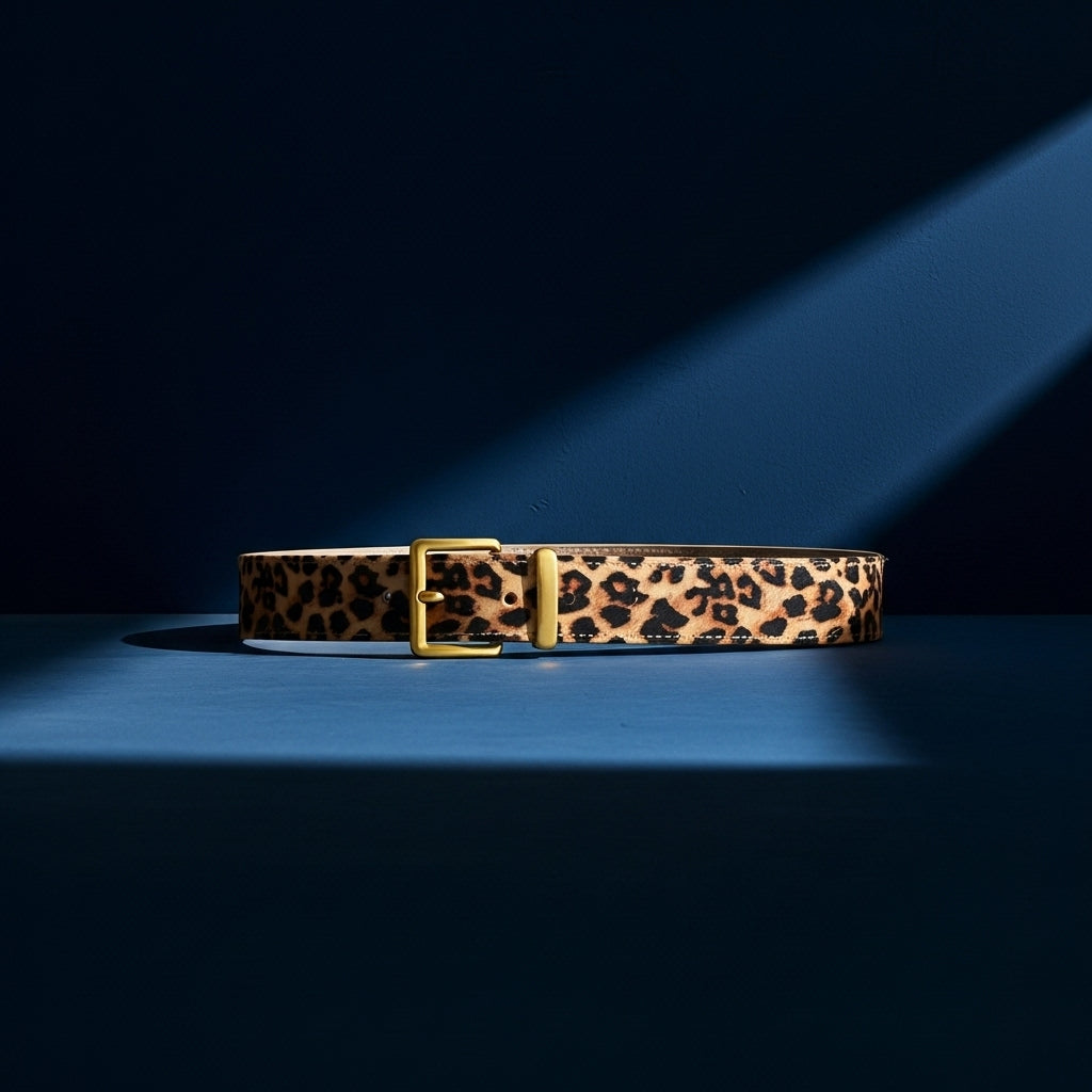 Ceinture pour femme Dentelle en cuir avec imprimé léopard et boucle dorée. #fullwidth