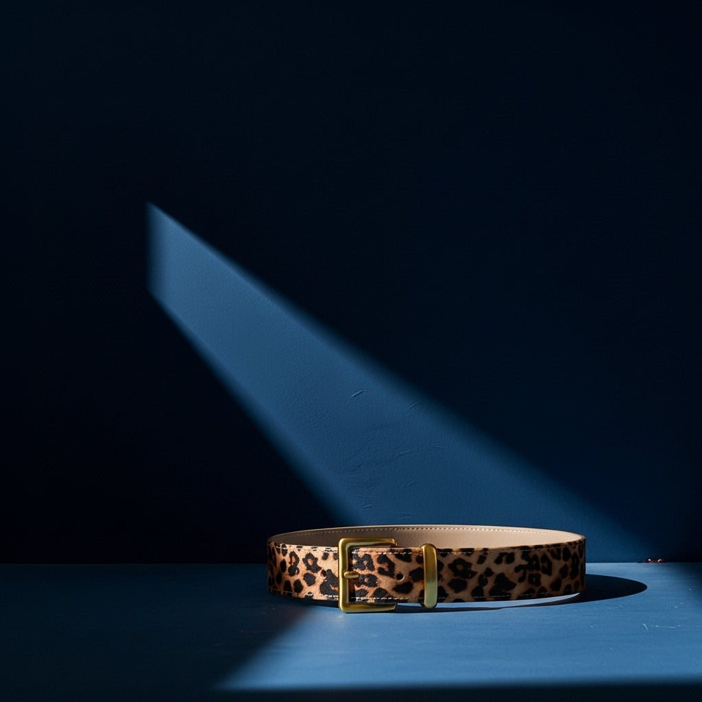 Ceinture pour femme Dentelle en cuir avec un motif léopard subtil et une boucle dorée, sur fond bleu #fullwidth