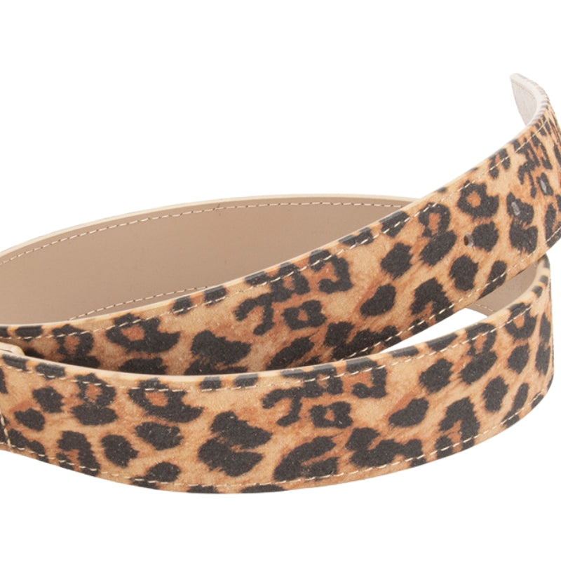 Ceinture fine Dentelle en cuir refendu avec motif léopard, bordure beige et surpiqûres ton sur ton. #fullwidth