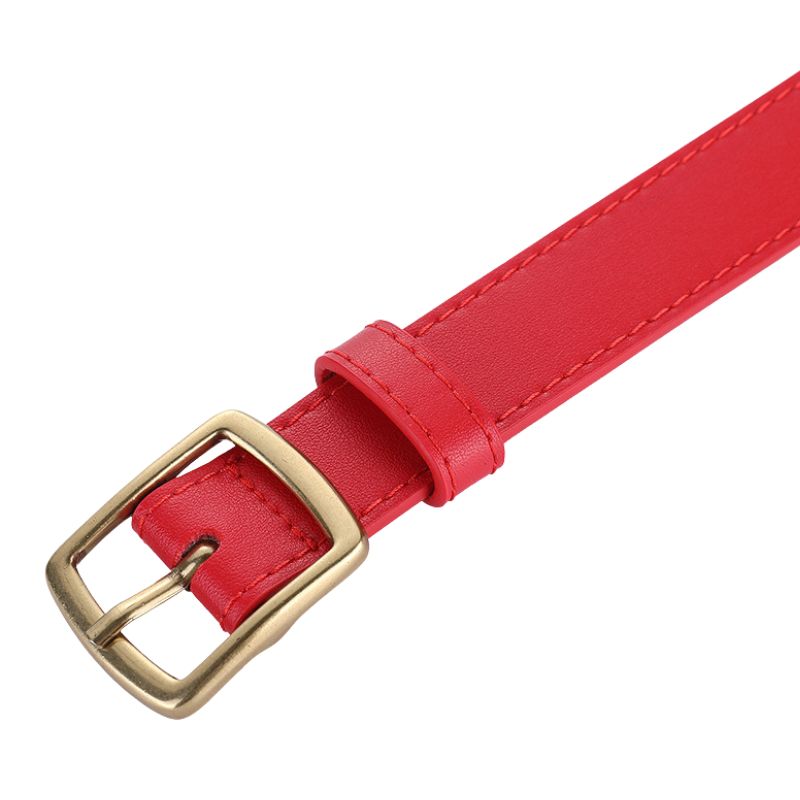 Ceinture Désir rouge en cuir de vachette refendu avec traitement suédé, boucle ardillon rectangulaire en métal doré antique.
