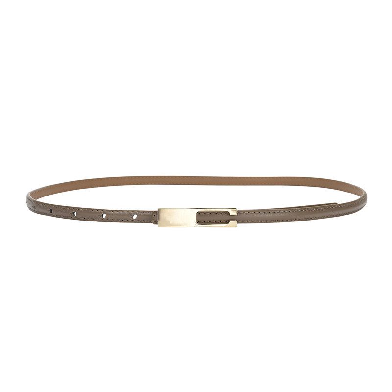 Ceinture fine en cuir marron foncé pour femme, modèle Désirée, avec boucle rectangulaire dorée et système de fermeture invisible.
