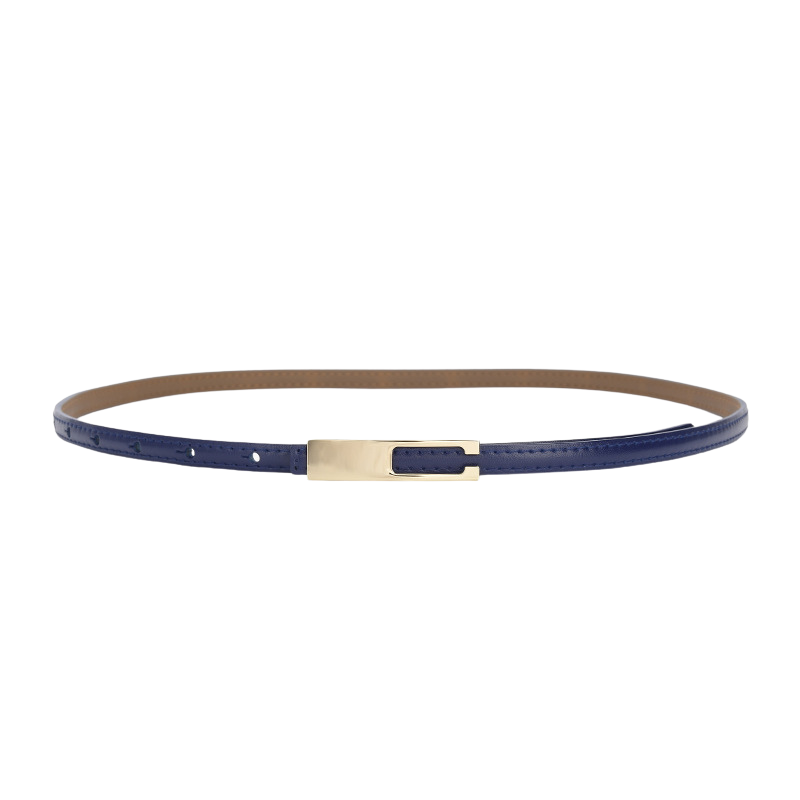 Ceinture fine bleu marine en cuir de vachette avec boucle dorée rectangulaire et système de fermeture invisible, modèle Désirée.