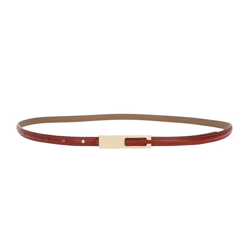 Ceinture fine en cuir de vachette rouge pour femme, modèle Désirée, avec boucle dorée rectangulaire à système enclenchement invisible.