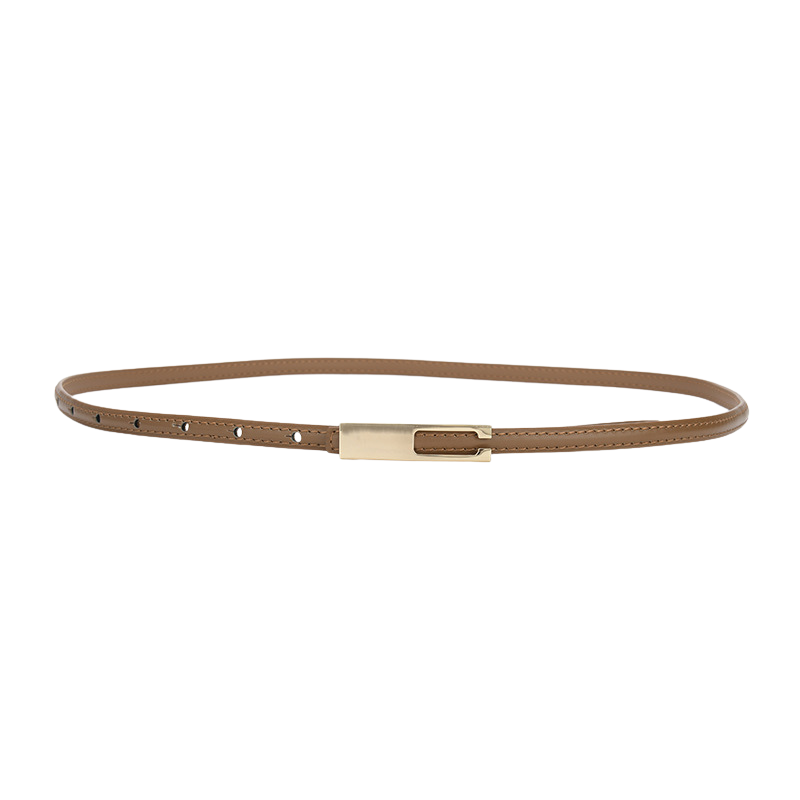 Ceinture fine en cuir marron pour femme, modèle Désirée, avec boucle dorée rectangulaire à système invisible.