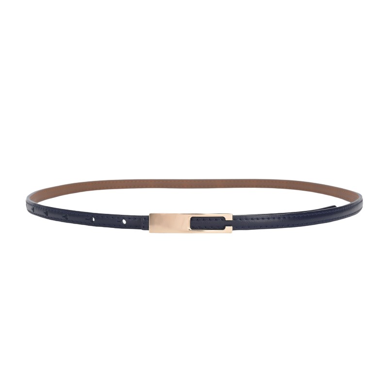 Ceinture fine en cuir de vachette bleu foncé pour femme, modèle Désirée, avec boucle dorée rectangulaire et système d'attache invisible.