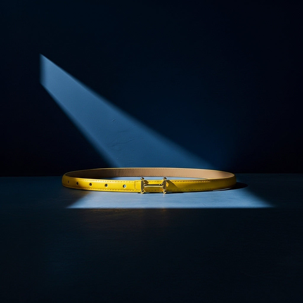 Ceinture fine jaune Diamantine en cuir lisse avec boucle dorée en forme de H, sur fond bleu avec jeu de lumière #fullwidth