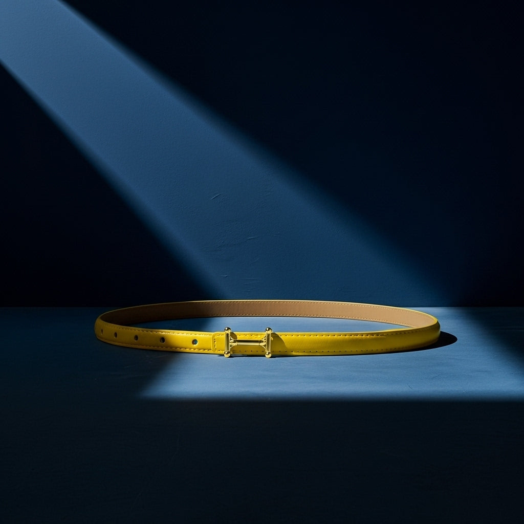 Ceinture fine jaune Diamantine en cuir lisse avec boucle dorée en forme de H. #fullwidth