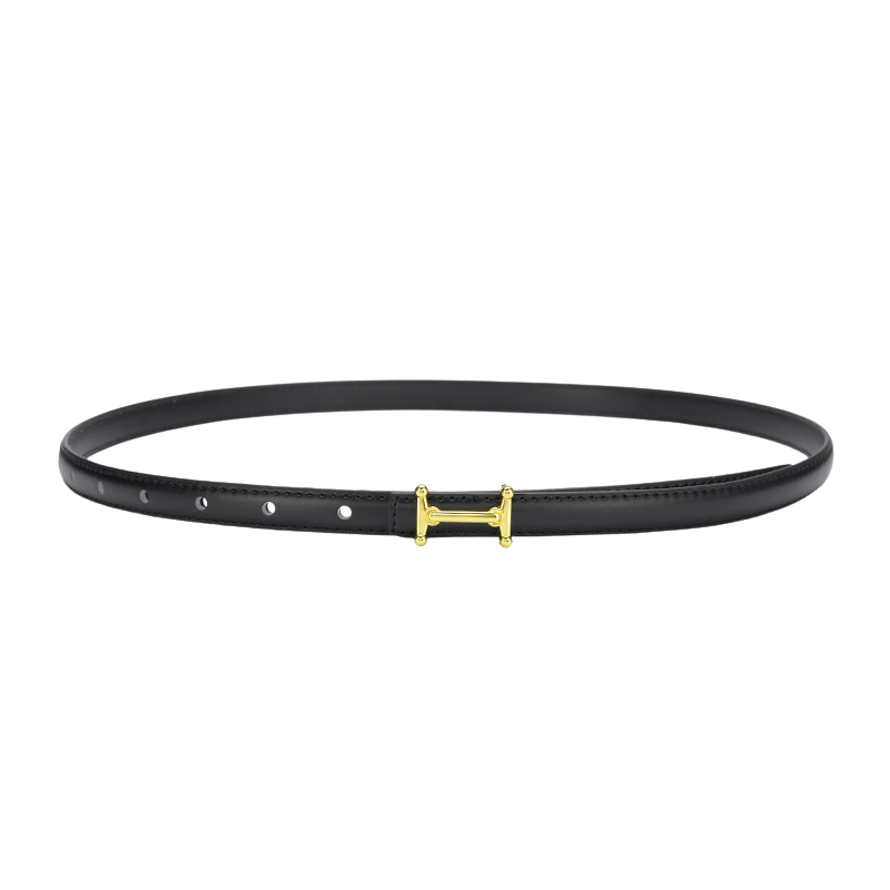 Ceinture fine noire Diamantine en cuir refendu de vachette avec boucle crochet dorée en forme de H.