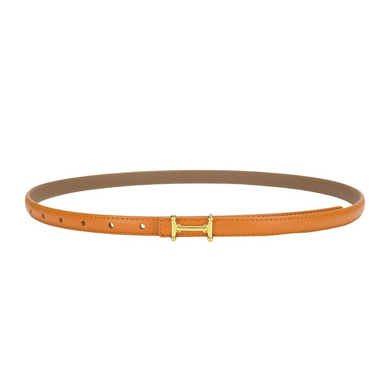 Ceinture fine Diamantine orange en cuir refendu de vachette avec boucle dorée en forme de H.