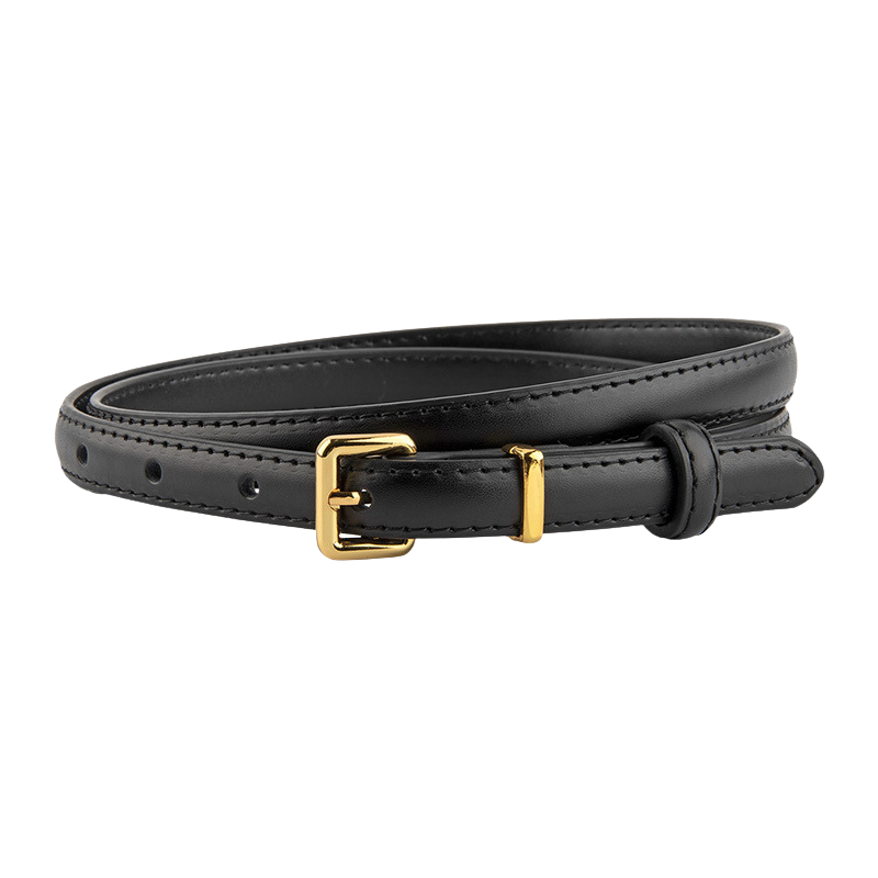 Ceinture Divine extra fine en cuir noir avec boucle rectangulaire dorée