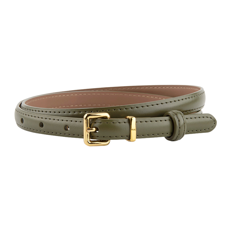 Ceinture Divine extra fine en cuir refendu vert avec boucle dorée rectangulaire et coutures visibles.