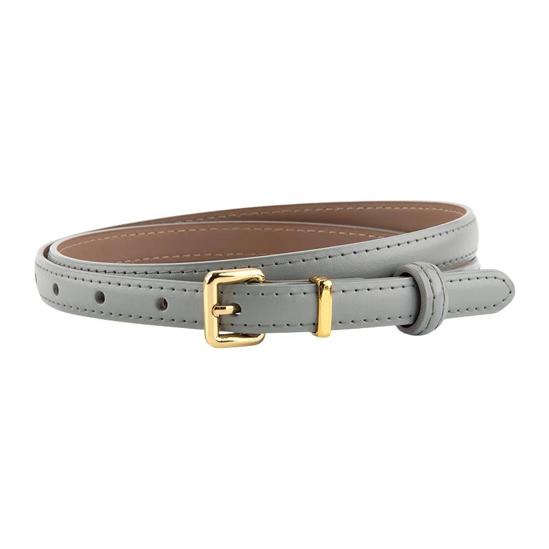 Ceinture Divine extra fine en cuir refendu gris clair, largeur 1,5 cm, avec boucle rectangulaire dorée et coutures visibles.