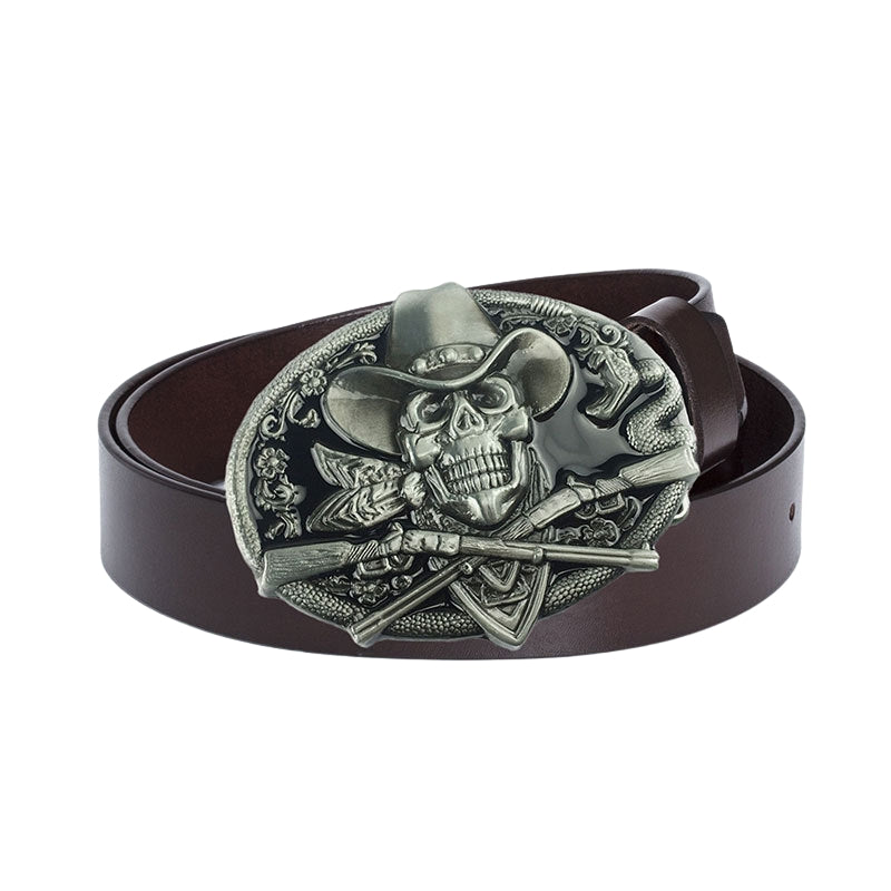 Ceinture homme Django marron avec boucle argentée ornée d'une tête de mort, serpents et fusils croisés, style western biker.