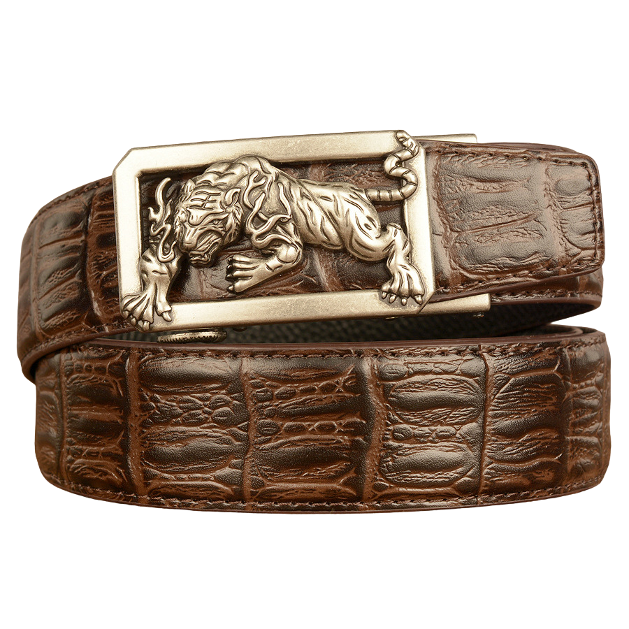 Ceinture homme Dorian 1 en cuir marron à texture crocodile et boucle argentée ornée d'un tigre.