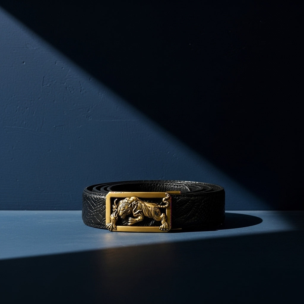 Ceinture homme Dorian 2 en cuir noir avec une boucle rectangulaire dorée ornée d'un tigre stylisé, texture façon serpent #fullwidth