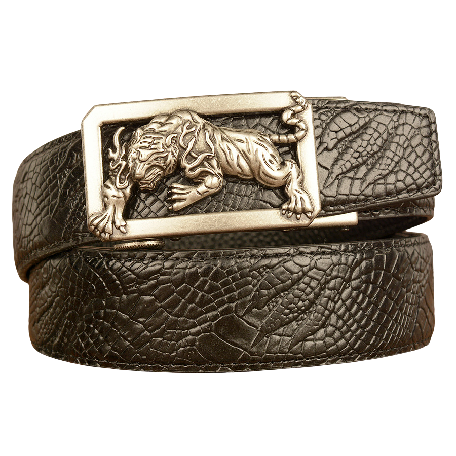 Ceinture homme Dorian 2 noire en cuir pleine fleur avec boucle argentée ornée d'un tigre et texture serpent #fullwidth