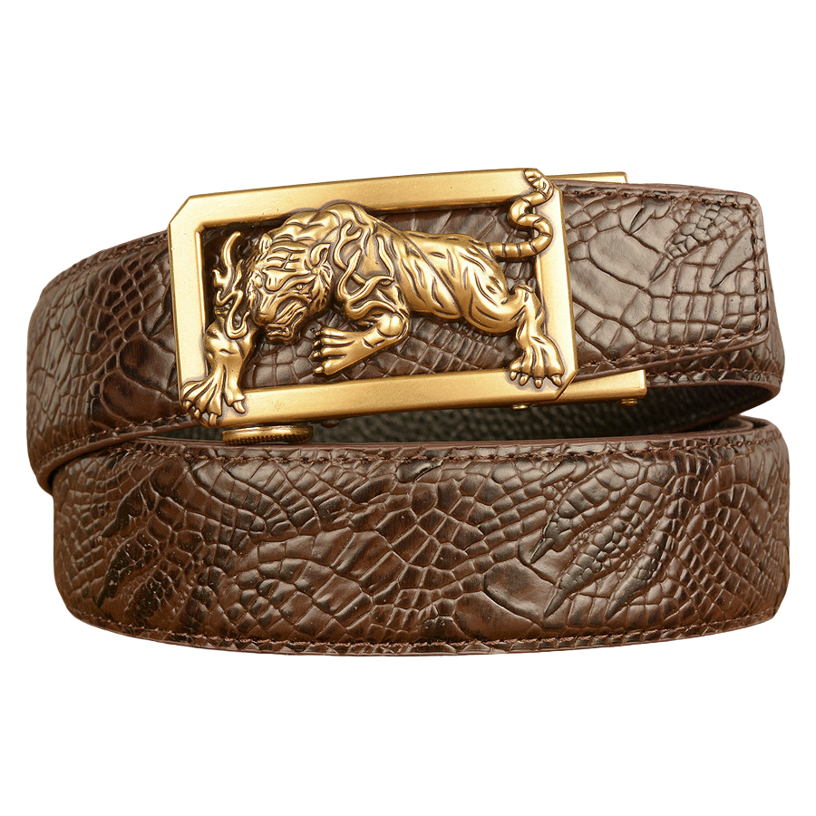 Ceinture homme Dorian 2 en cuir marron avec boucle automatique dorée ornée d'un tigre sculpté et texture serpent.