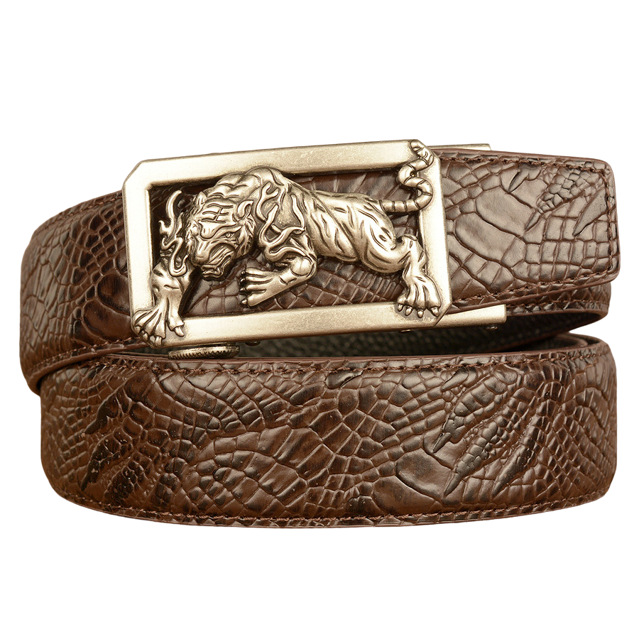 Ceinture homme Dorian 2 marron en cuir pleine fleur avec boucle argentée ornée d'un tigre et texture serpent.