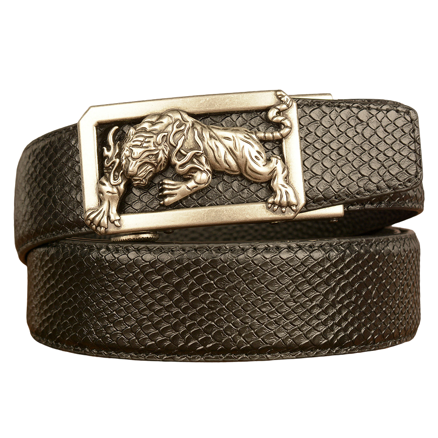 Ceinture homme Dorian 3 en cuir noir à texture peau de poisson, boucle argentée ornée d'un tigre.