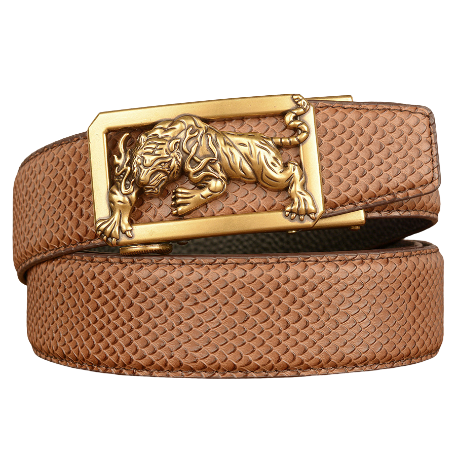 Ceinture homme Dorian 3 en cuir marron avec boucle dorée ornée d'un tigre, texture peau de poisson, largeur 3,5 cm