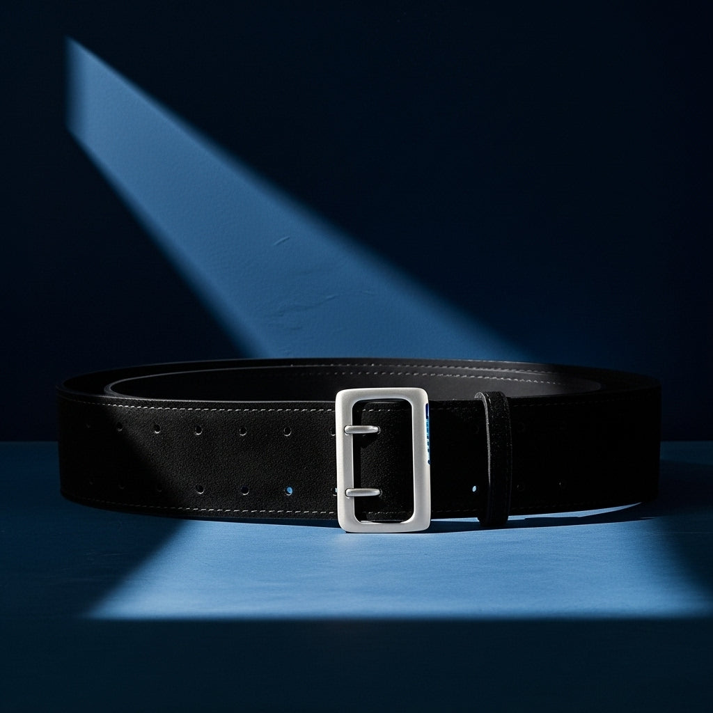 Ceinture large noire Doriane en cuir suédé avec boucle rectangulaire argentée mate, mise en valeur par un jeu d'ombres bleues #fullwidth
