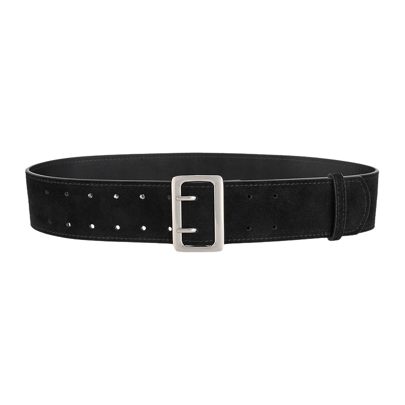 Ceinture large Doriane en cuir de vachette noir finition suédé avec boucle rectangulaire argentée mate