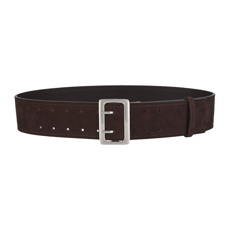 Ceinture large Doriane en cuir de vachette refendu effet suédé sablé, couleur café foncé, avec boucle rectangulaire argentée mate #fullwidth
