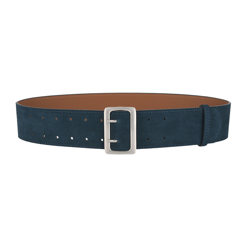 Ceinture large Doriane bleu marine en cuir suédé avec une boucle rectangulaire argentée mate