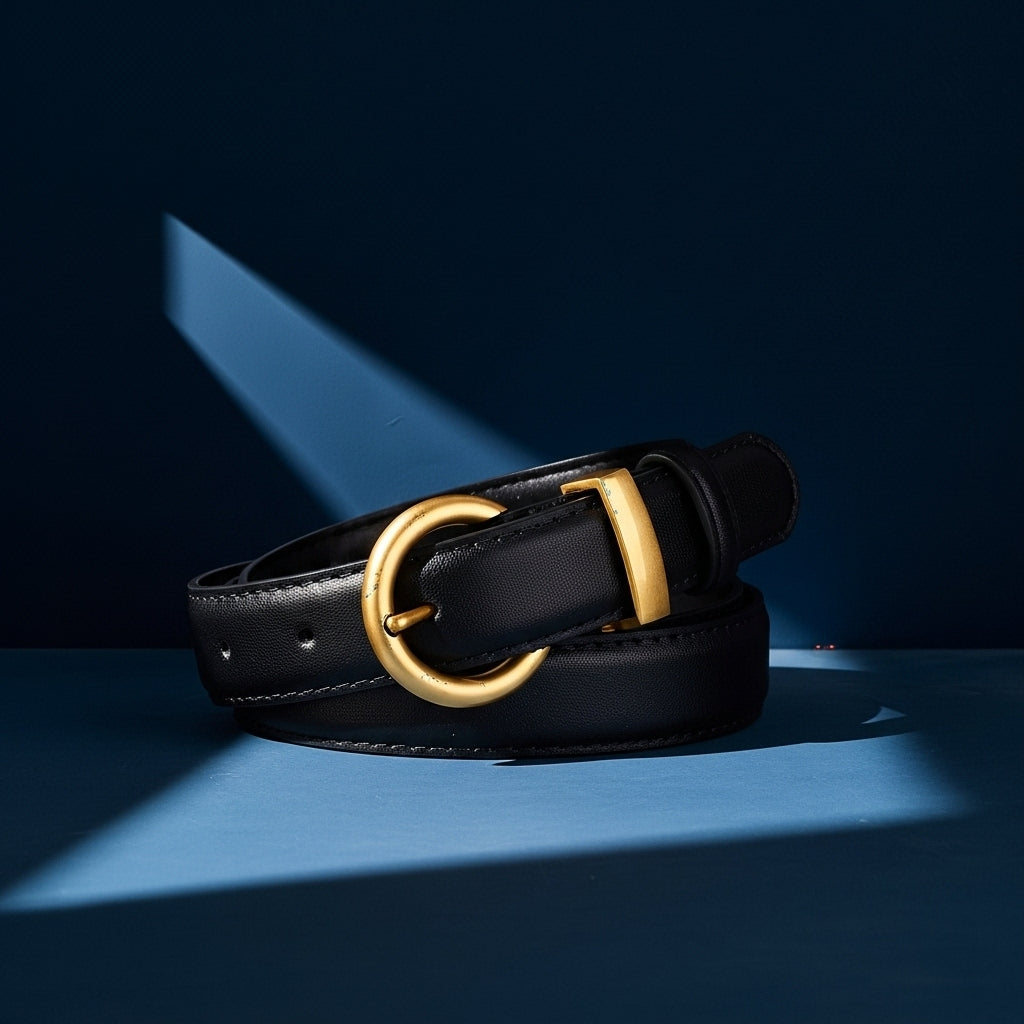 Ceinture fine noire en cuir de vachette Douceâtre avec boucle ardillon arrondie dorée #fullwidth