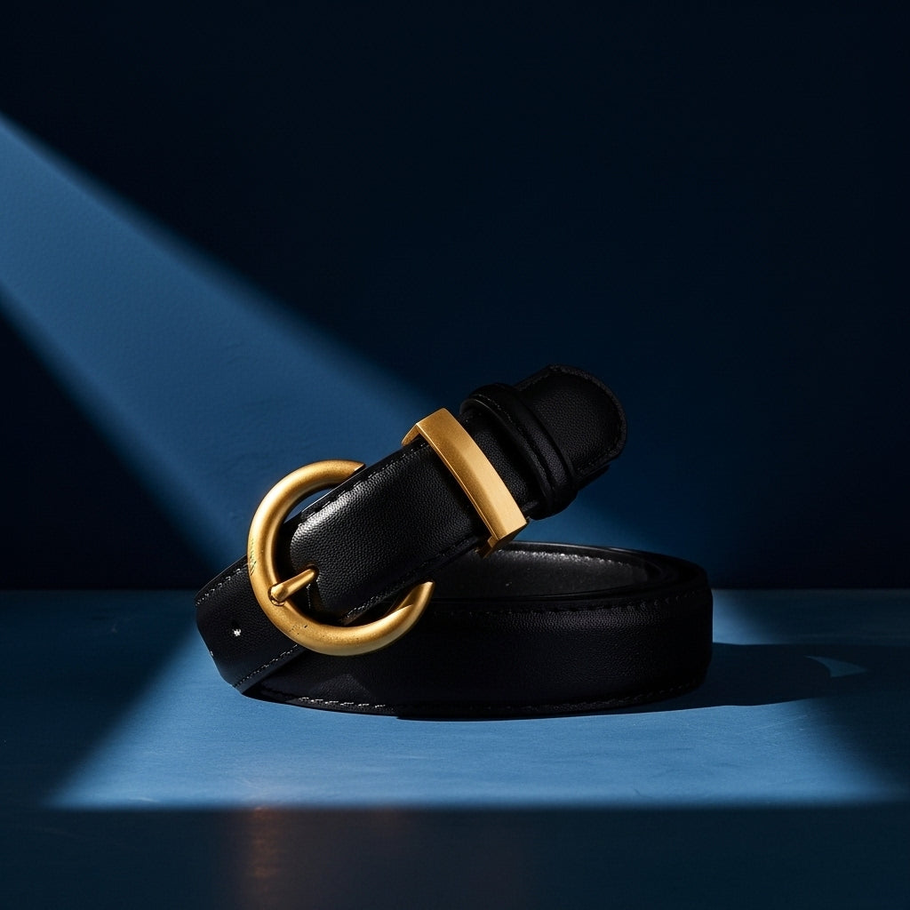 Ceinture fine en cuir de vachette noir Douceâtre pour femme, avec boucle ardillon arrondie dorée, ajustable manuellement. #fullwidth