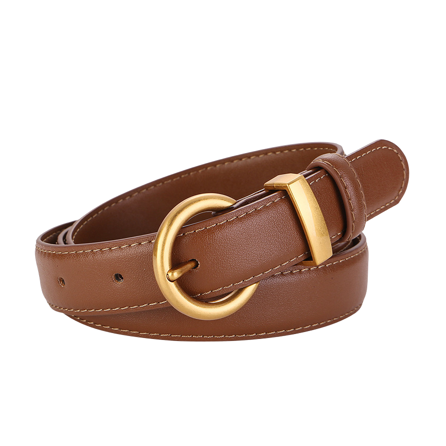 Ceinture fine en cuir marron pour femme, modèle Douceâtre, avec boucle ardillon arrondie dorée et surpiqûres contrastées.